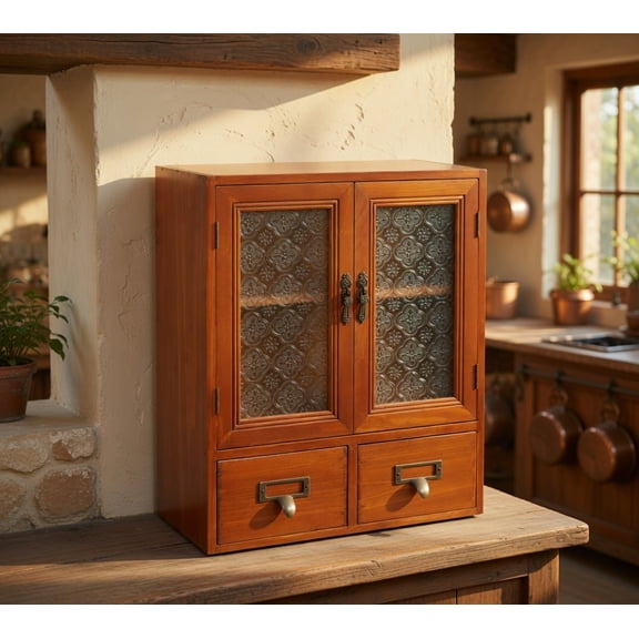 Wooden Countertop Storage Cabinet with Textured Glass Double Doors and 2 Label Drawers, Rustic Brown Finish, 14.17" H x 11.81" W
