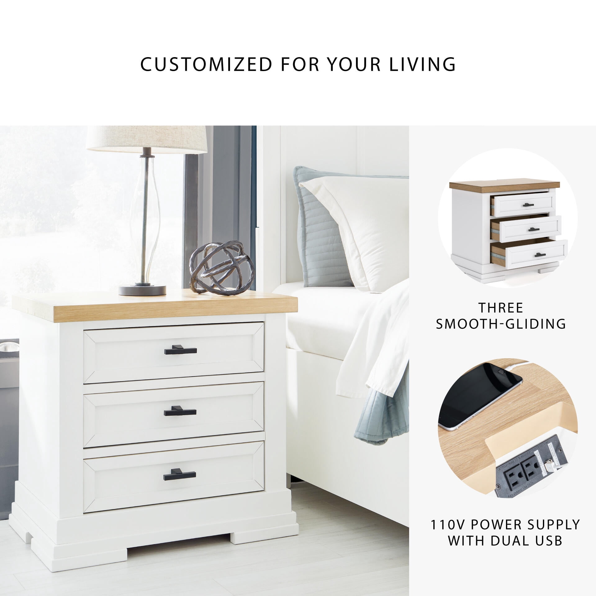 Signature Design by Ashley Ashbryn Three Drawer Farmhouse Style Nightstand – White & Natural Brown, USB Charging, Spacious Storage, Dovetail Drawers
