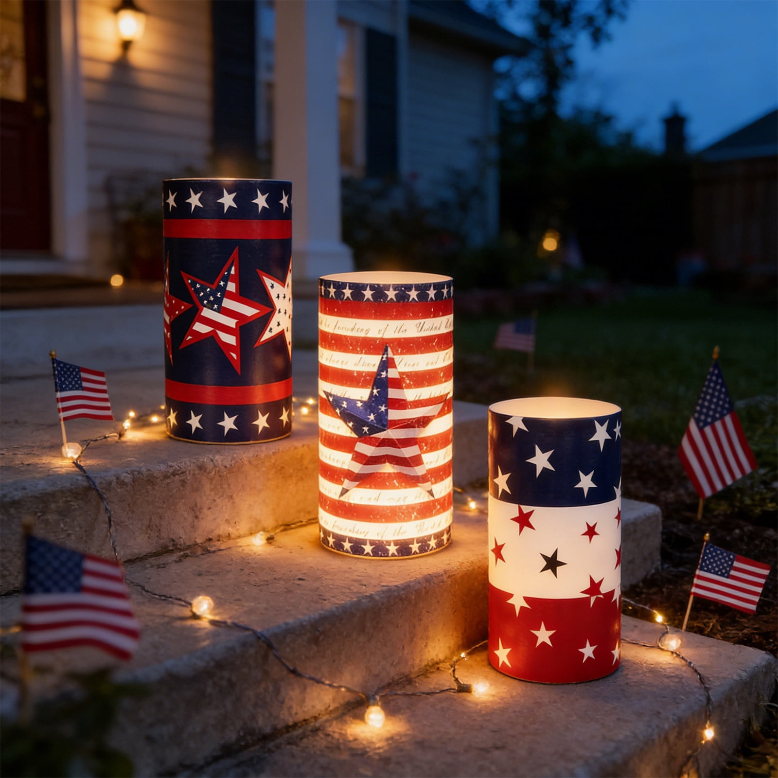 geerera 3Pcs 4th of July Patriotic LED Flameless Candles with Remote, USA Flag Electronic Candle Lights Set for Independence Day, Memorial Day & Patriotic Events Decor