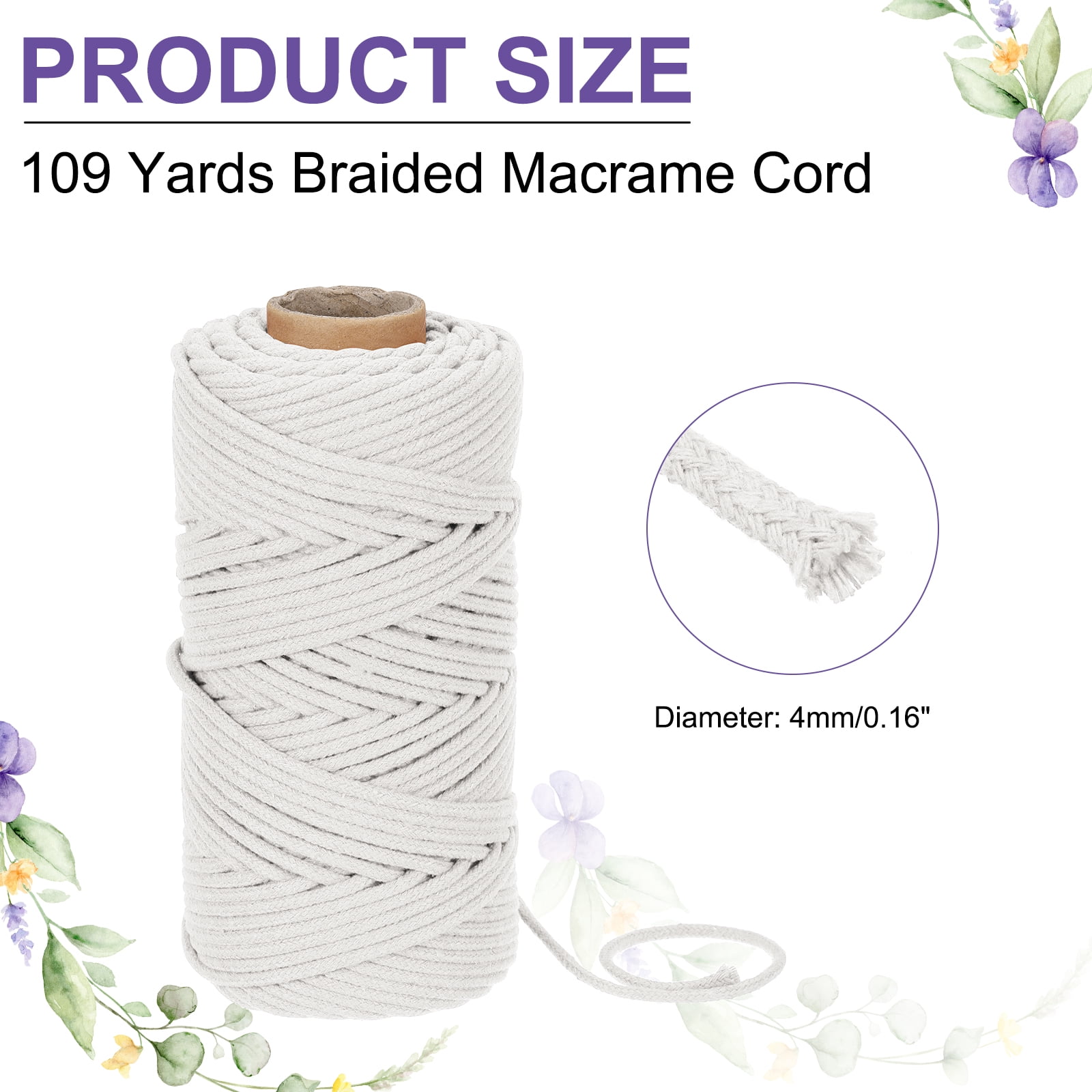 Braided Macrame Cord, 4mm x 109 Yards Natural Cotton Rope Macrame Yarn Bohemia Craft String with Scissors(Beige)