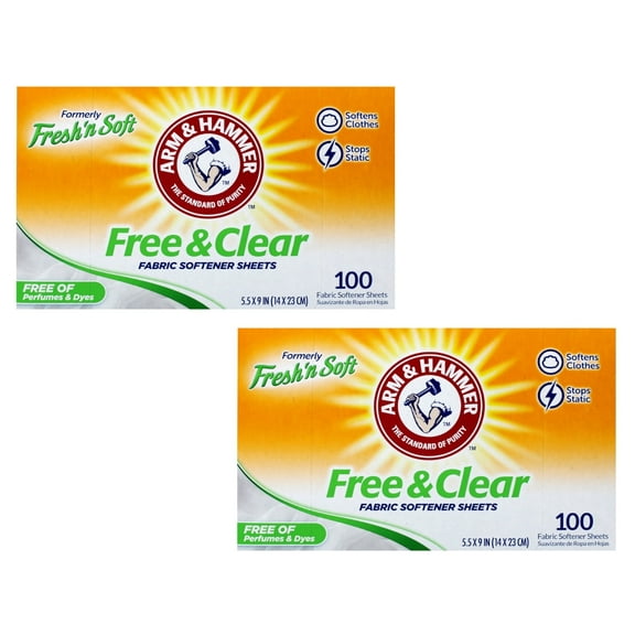 Arm & Hammer Fabric Softener Dryer Sheets, Free of Perfumes & Dyes , Fresh'n Soft , 100 Count - 2 Pack