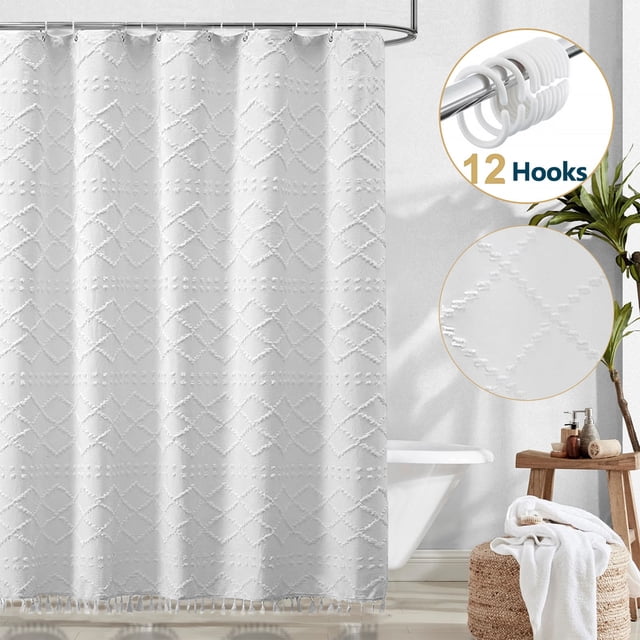 Dznils Rideau de Douche Blanc à Franges avec Crochets, Rideau de Salle de Bain Bohème en Tissu Texturé Capitonné, 72 x 72