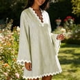 thumbnail image 5 of XuJwPNcy Womens Summer Dresses Long Sleeve Ruffle Hem Mini Dress V Neck Striped Loose Dresses Fashion Casual Outfits, 5 of 7