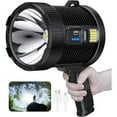 thumbnail image 1 of Foco de luz LED recargable, 100.000 lúmenes, linterna grande de mano, superbrillante, solar, para exteriores, con lámpara COB, 6 modos, resistente al agua IPX5 (negro), 1 of 5