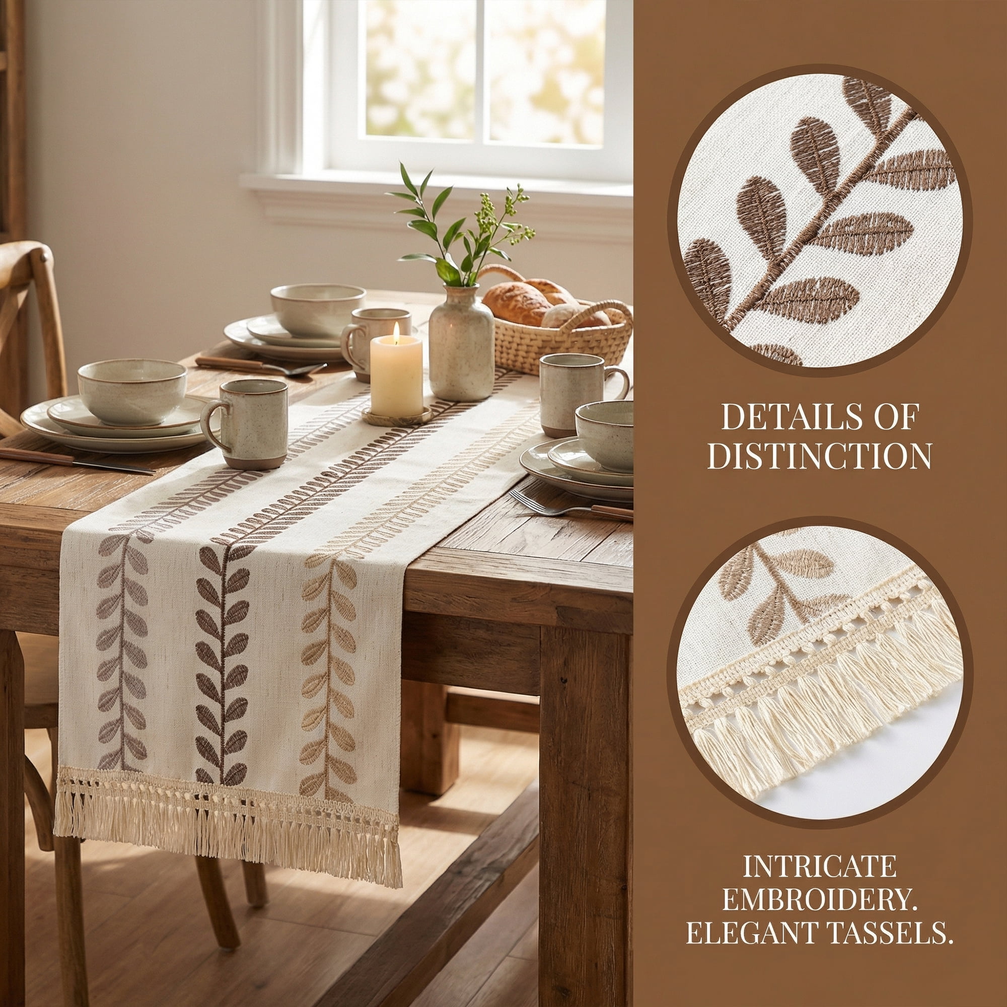 Unique Bargains Polyester Floral with Tassel Table Runner for Kitchen Decor Brown 15.4"x70.9"