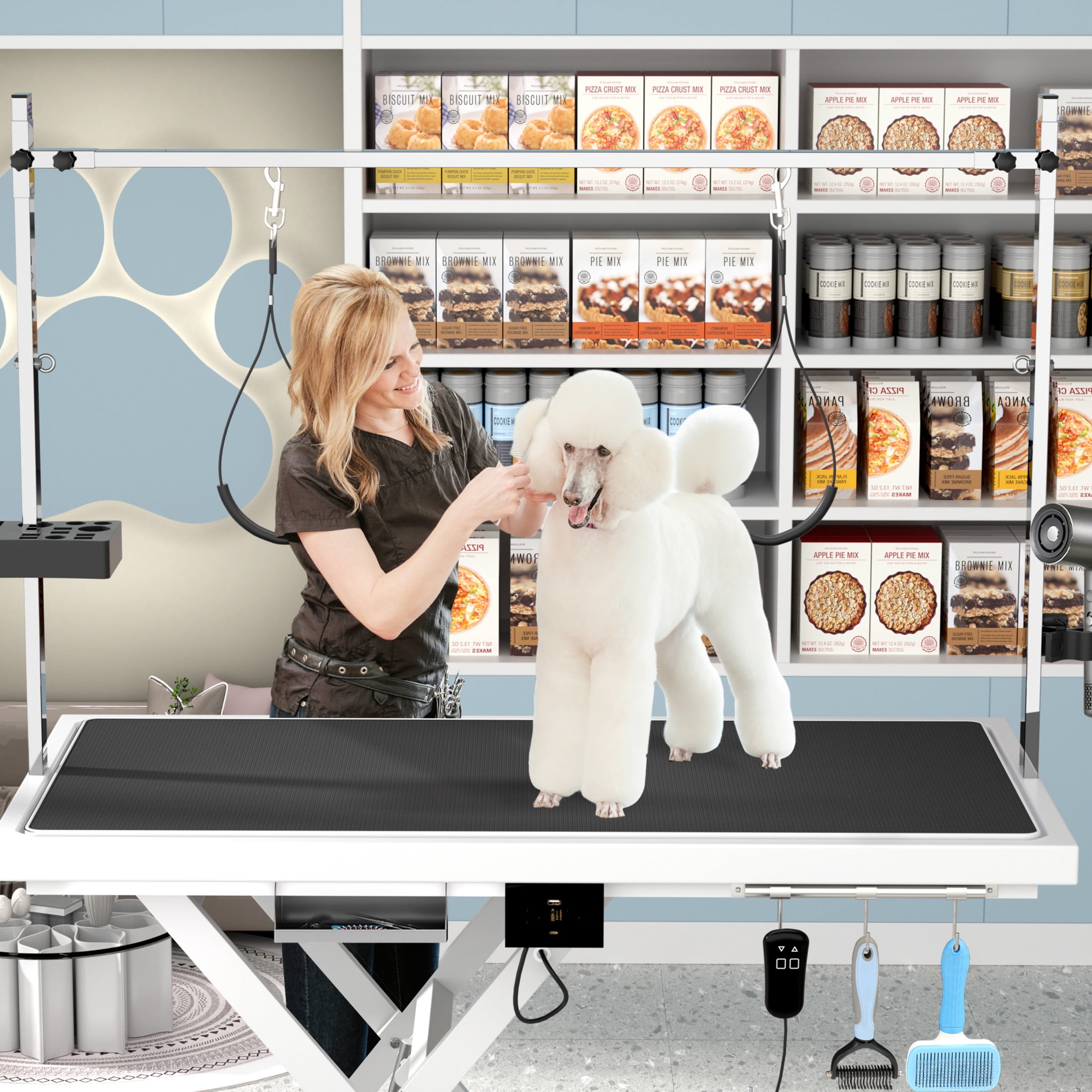 Noble House Professional Electric Pet Grooming Table, Height Adjustable, Heavy Duty Lift Table with Double Arms, White