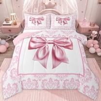 jejeloiu Retro Damask Baroque Twin Comforter Sets,Pink Bowknot Pattern Bedding Set For Kids Reversible 2pcs