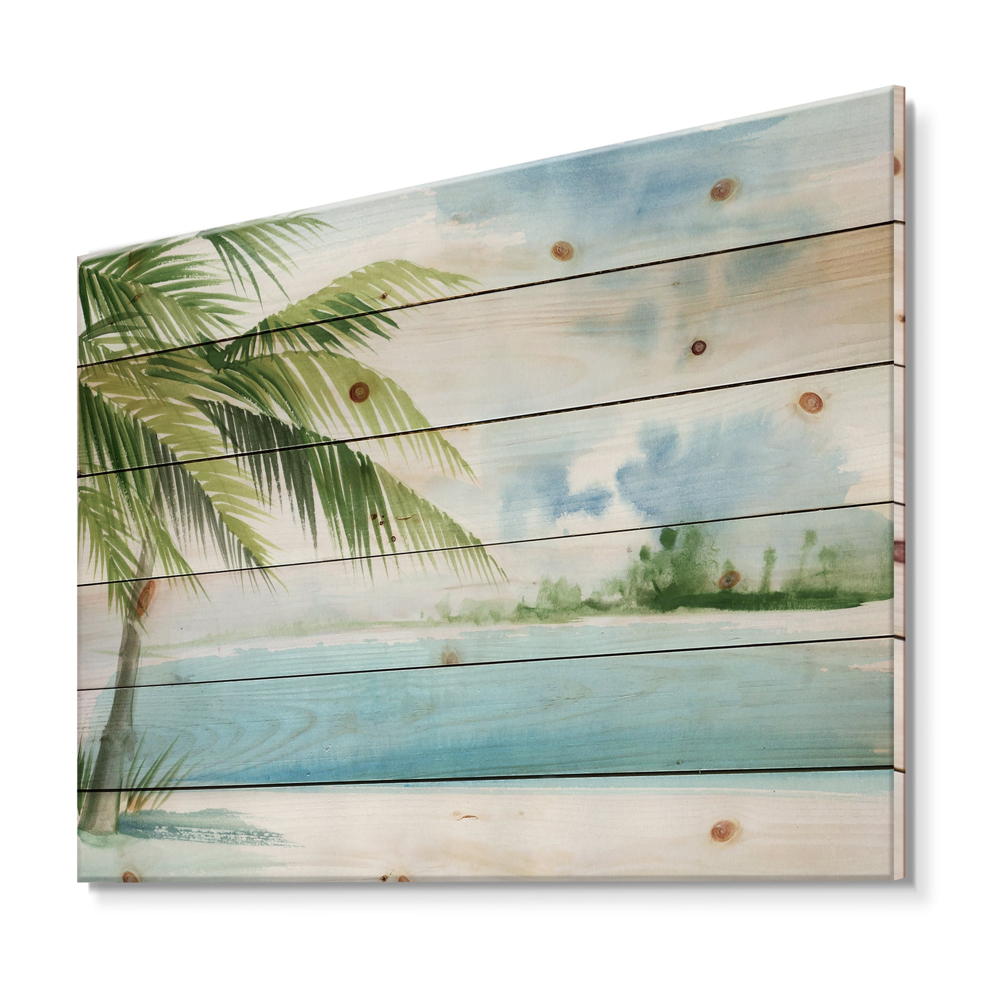 Designart 'Palm Beach Resort At Sunrise I' Nautical & Coastal Print on Natural Pine Wood