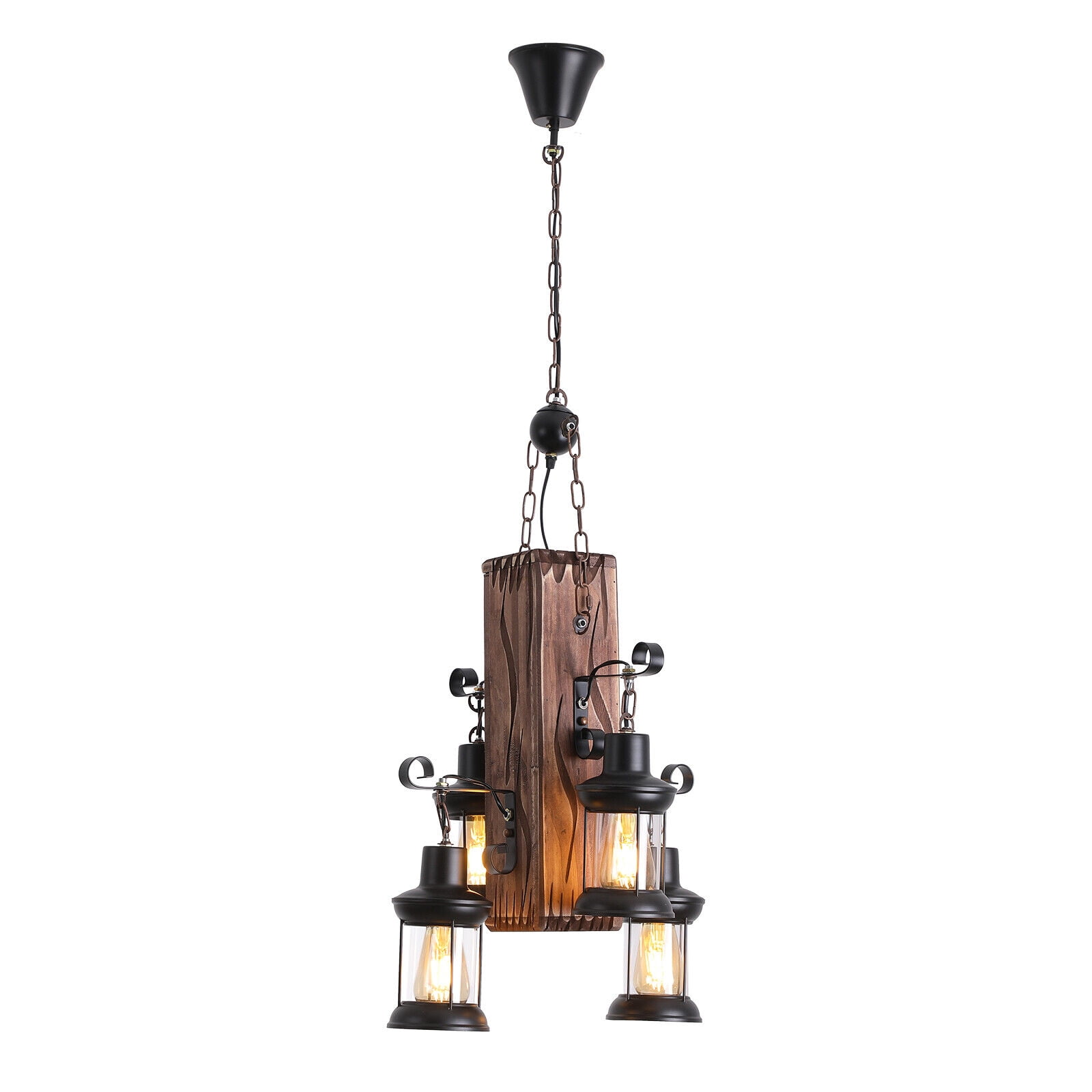 Miumaeov Industrial Vintage Wooden Hanging Farmhouse Pendant Light Retro Loft Lantern Chandelier 4 Lights Suspension Island Lighting Fixture for Kitchen Dining Coffee Shop Restaurant