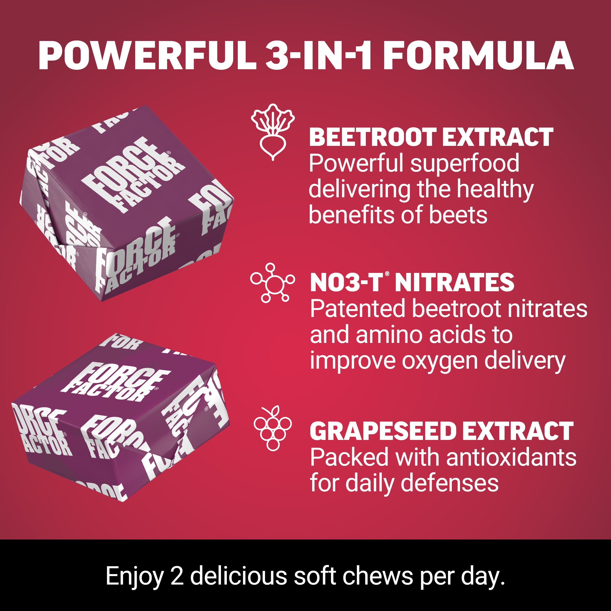 Force Factor Total Beets, Beet Root Supplement with Beetroot Powder for Heart Health, Nitric Oxide & Energy, Acai Berry, 10 Soft Chews