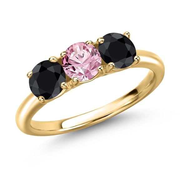 Gem Stone King 18K Yellow Gold Plated Silver Pink Lab Grown Diamond and Black Sapphire Engagement Ring for Women | 1.88 Cttw | Round 5MM | Gemstone April Birthstone | Size 5