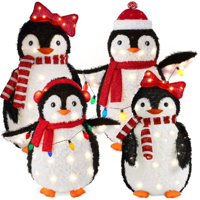 Familia de pingüinos navideños para exterior con luces LED, 91 cm