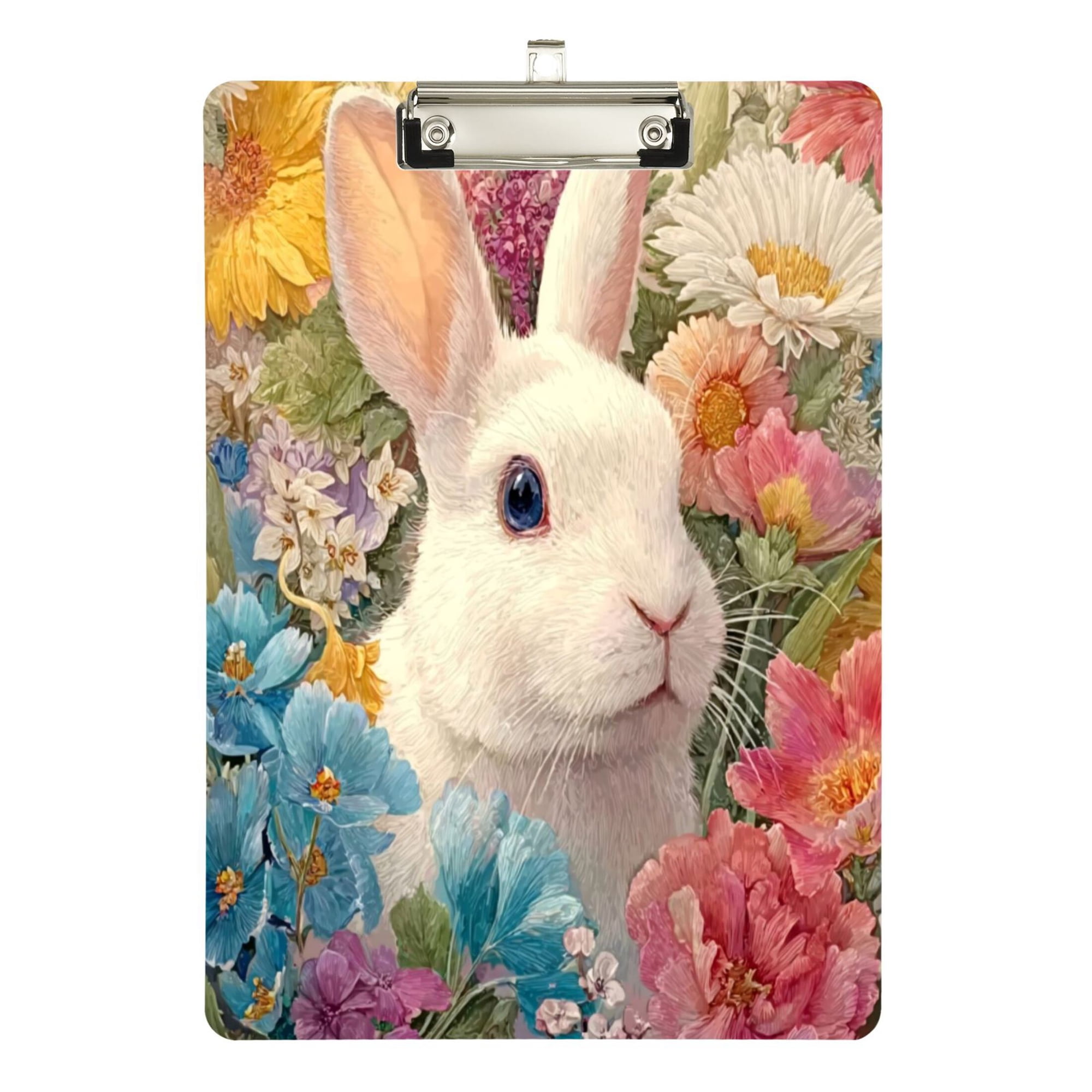 12.5 x 9 Acrylic Clipboard with Silver Clip & Retractable Hook for Office Classroom Home Rabbit with Colorful Flowers
