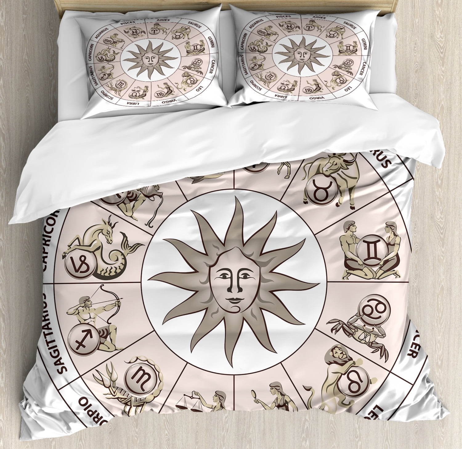 Astrology Duvet Cover Set, Wheel Circle of Zodiac Signs with Sun Seem