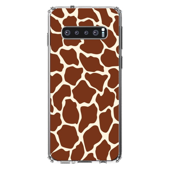 DistinctInk Clear Shockproof Hybrid Case for Samsung Galaxy S10 (6.1" Screen) - TPU Bumper, Acrylic Back, Tempered Glass Screen Protector - Brown Tan Beige Giraffe Skin Spots - Animal Print