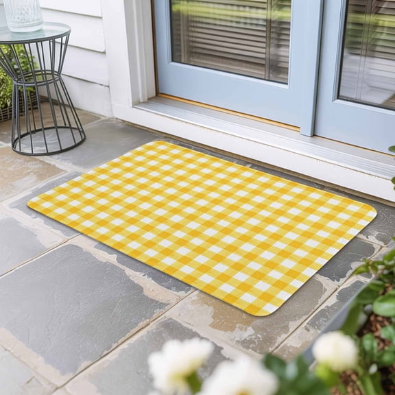 Yellow Door Mat Indoor Outdoor, Country French Rustic Buffalo Plaid Modern Art Non Slip Welcome Mat with Rubber Backing, Absorbent Fabric Front Door Mats Entryway Rug for Home Patio Entrance 18"x30"