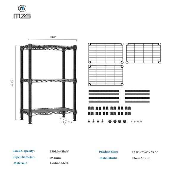 SONGMY Wire Shelving Unit Commercial Metal Shelf Adjustable Layer Rack Strong Steel for Restaurant Garage Pantry Kitchen Garage,13.8"x 23.6" X 35.5" in black