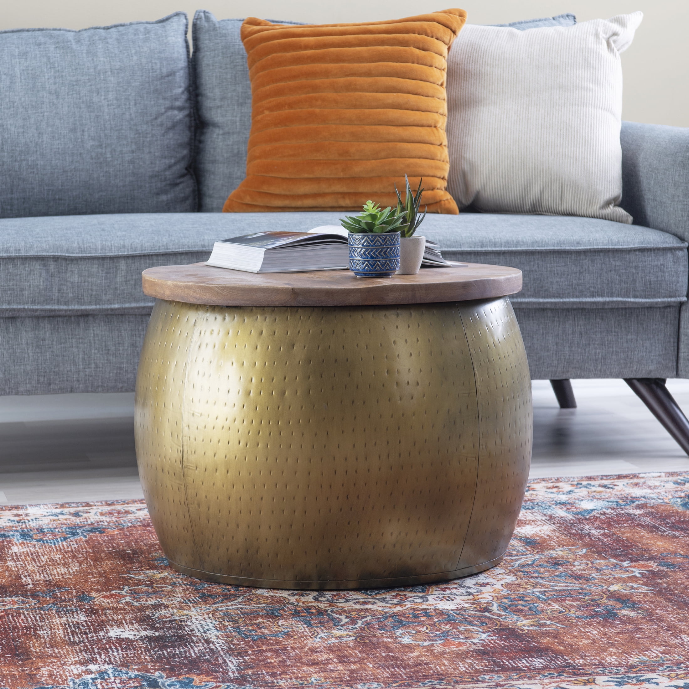 Wesmar 27" Round Metal Drum Accent Table with Storage, Brass