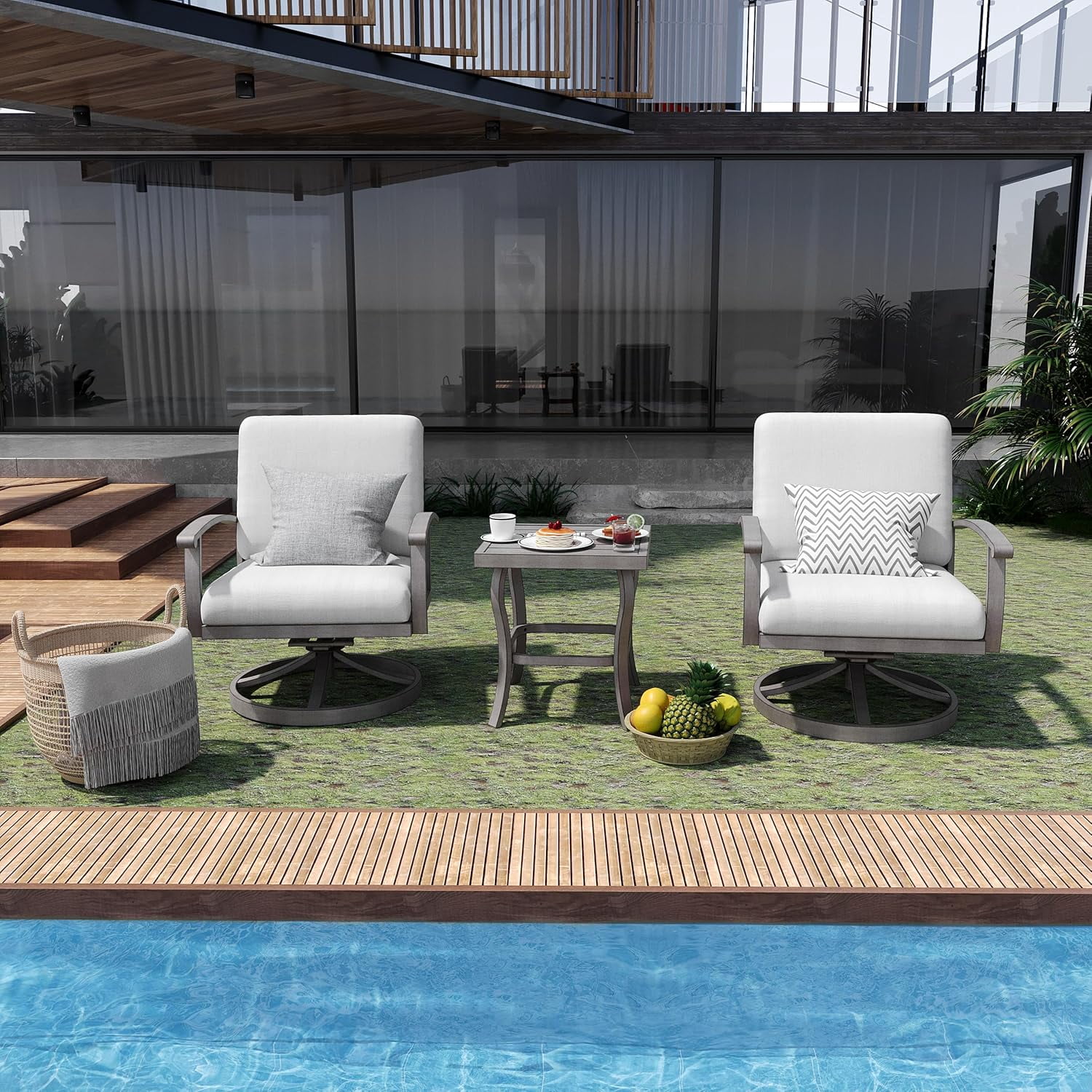 Howcool 3-Piece Outdoor Swivel Chairs with Side Coffee Table, All-Weather Aluminum Dining Chairs with Cushion