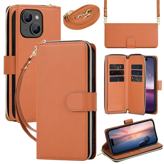 for iPhone 13 Crossbody Wallet Case with 9 Card Holders, Cash Slot, Photo Slot, Zipper Pocket PU Leather Magnetic Snap Wallet Phone Case with Flip Stand & Wrist Strap & Lanyard, Brown