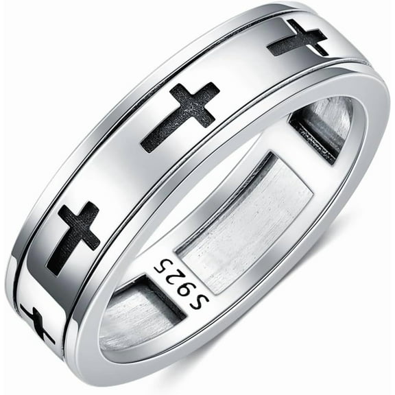 DVEATR 6mm Cross Rings for Men 925 Sterling Silver Lord’s Prayer Spinner Ring Wedding Band Ring for Men Women Size 8/9/10/11/12