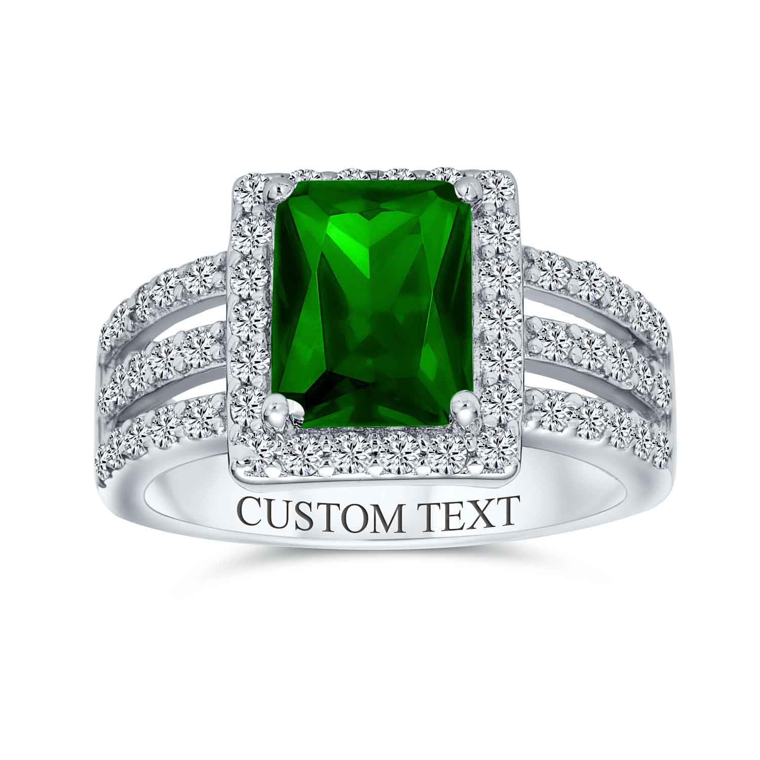 Art Deco Style 3CT Simulated Emerald Cut Green CZ Triple Pave Split Band Engagement Statement Ring 925 Sterling Silver 