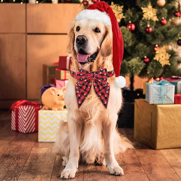 Christmas Dog Collar with Bow, Adjustable Cotton Red Plaid Bowtie