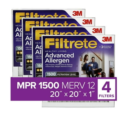 Filtrete by 3M 20x20x1, MERV 12, Advanced Allergen Reduction HVAC Furnace Air Filter, 1500 MPR, 4 Filters
