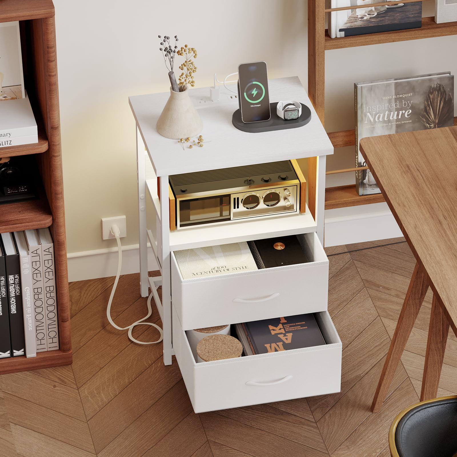 Tomnk Nightstands Set of 2, Bed Side Table with Charging Station, LED Night Stand with 2 Fabric Drawers, White