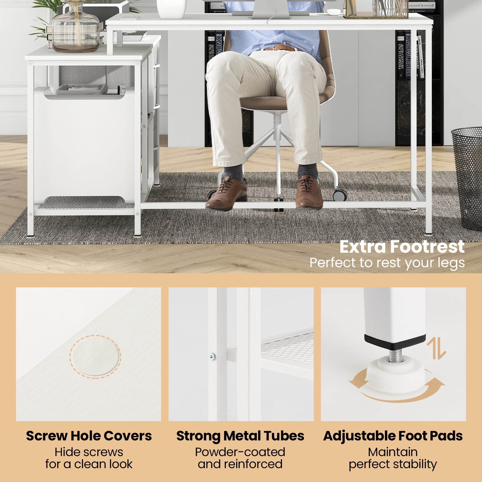 Topbuy L-Shaped Computer Desk with Drawers & Shelves 81” Convertible Home Office Desk with Charging Station White