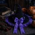 thumbnail image 4 of Womens Witch Hat with Organza Trim and Ribbon Tails, Wide Brim Pointed Cone Costume Hat, Wizard Headwear for Halloween Party Dress Up Cosplay Purple, 4 of 5