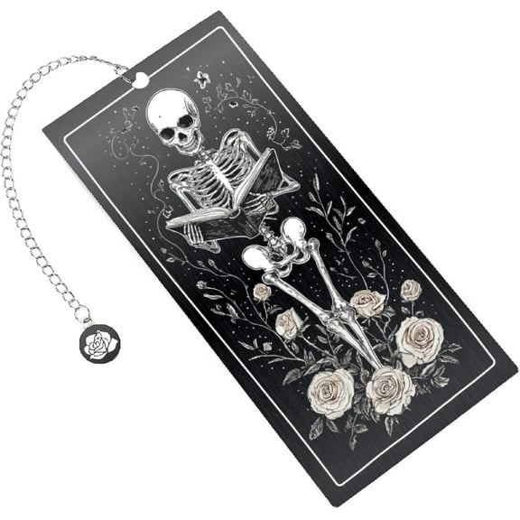 Metal Bookmark Rectangle Stainless Steel Dark Flower Vine Rose Chain Charm Hang Funny Gothic Horror Skulls Reading Book Markers for Birthday Gifts Thanksgiving Christmas Black DIY