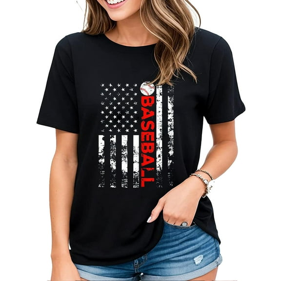 Womens Tshirt American Flag Graphic Baseball Team Gift Casual Short Sleeve Tops Black Small