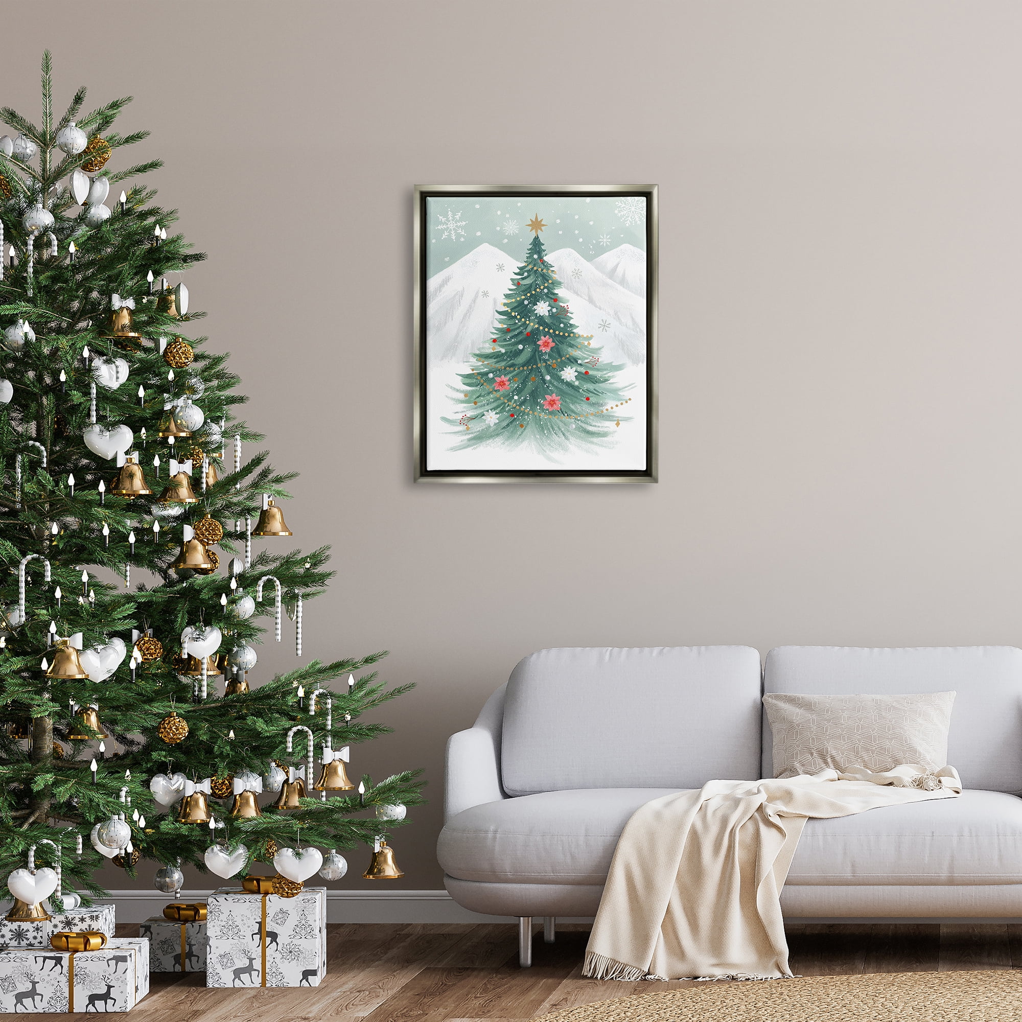 Stupell Industries Subtle Christmas Tree in Snow Holiday Painting Gray Floater Framed Canvas Art Print Wall Art, 25 x 31