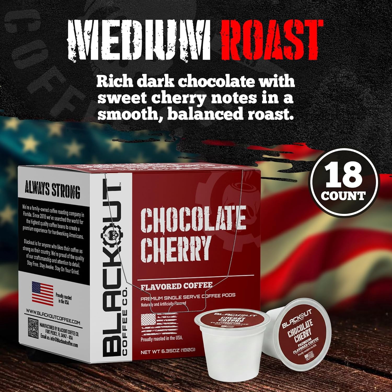 Blackout Coffee Chocolate Cherry Flavored Coffee Pods – Premium Roasted, Smooth Taste, Guilt-Free Indulgence – 18 Count Single-Serve Coffee Pods
