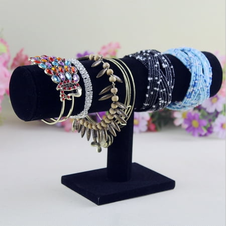 Velvet PVC T-Bar Jewelry Bracelet Bangle Hair Loop Band Watch Display Stand Holder - Black