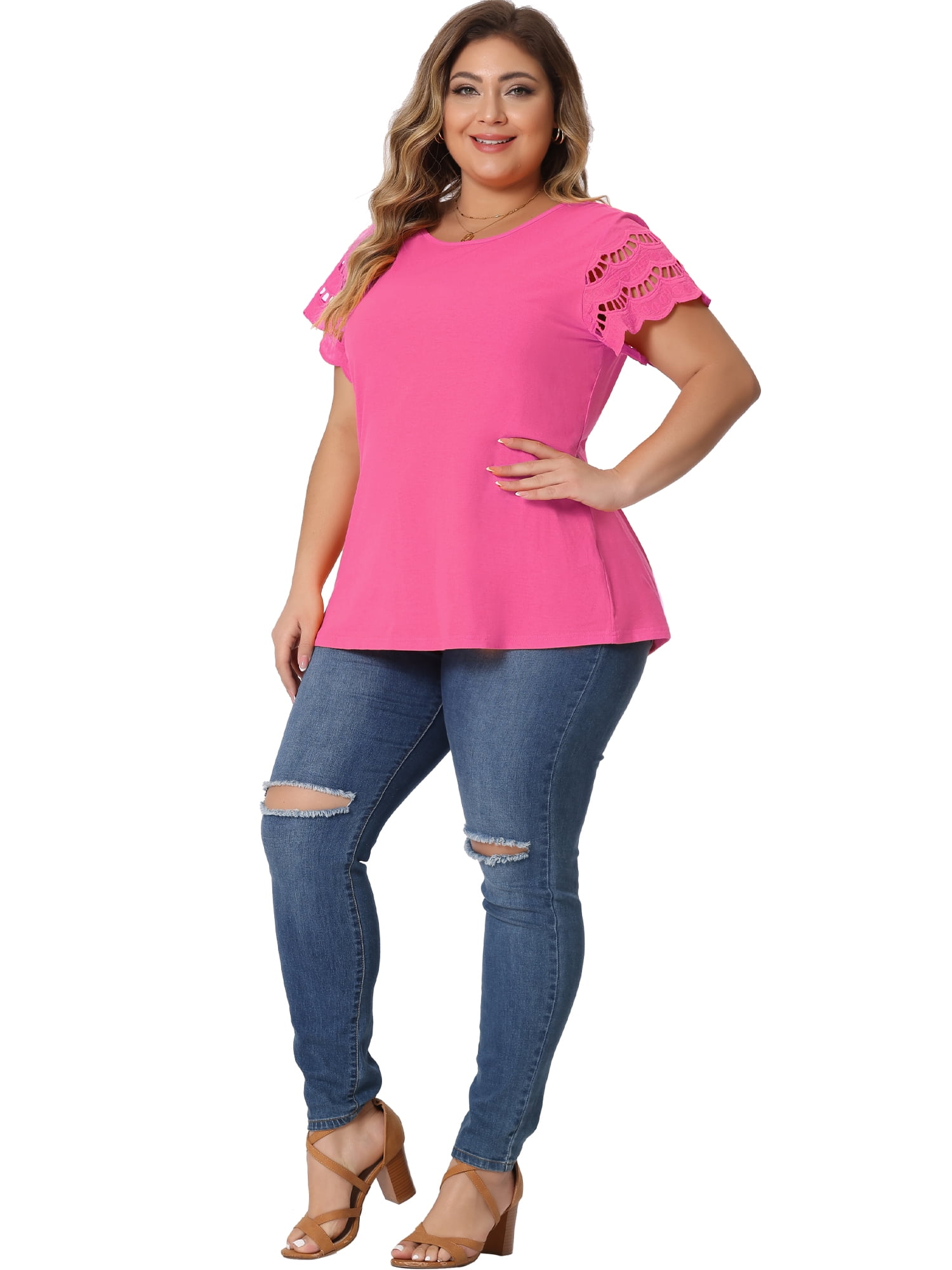 DARING DIVA Women's Plus Size Round Neck Lace Panel Blouses 3X Hot Pink