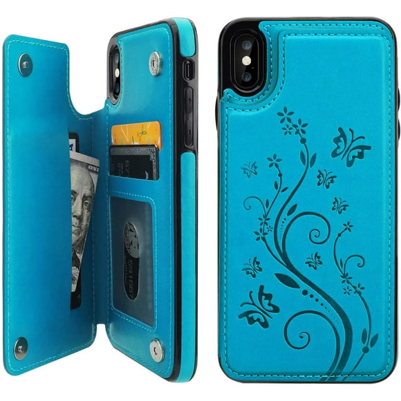 Compatible for iPhone 6 Wallet Case with Card Holder, Embossed Butterfly Premium PU Leather Double Magnetic Buttons Flip Shockproof Protective Case Cover for iPhone