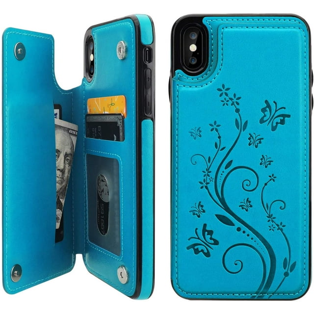 Compatible pour iPhone 6 Plus, Étui Portefeuille avec Porte-Cartes, Cuir PU Gaufré Papillon de Qualité Supérieure, Boutons Magnétiques Doubles, à Rabat, Antichoc, Étui de Protection pour iPhone
