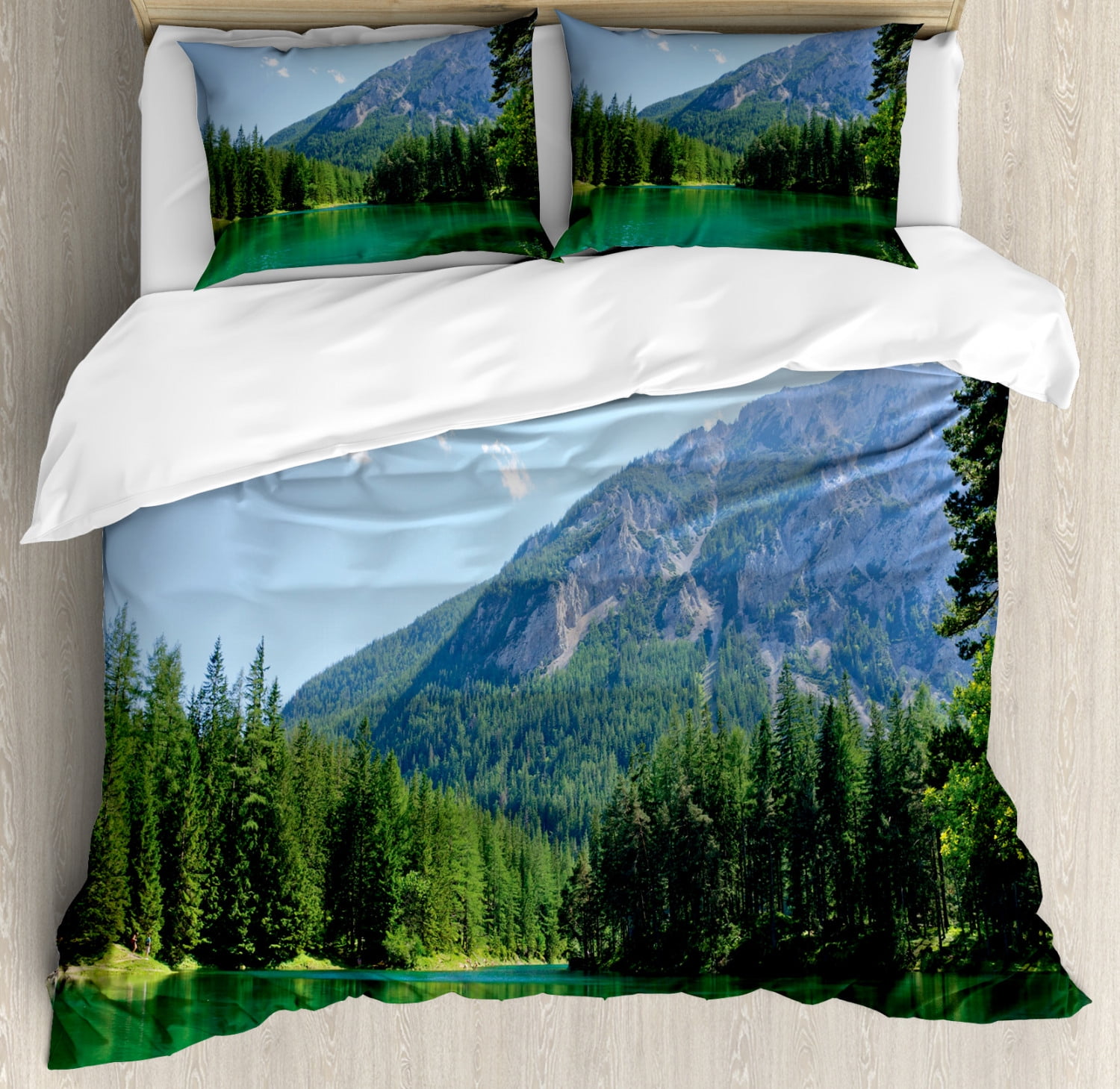 Nature Duvet Cover Set Queen Size, Lake Surrounded by Forest at