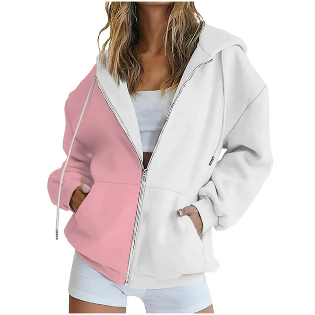 Timegard Zip up Hoodies for Women Long Sleeve Color Block Sweatshirts Fall Winter Loose Comfy Jacket