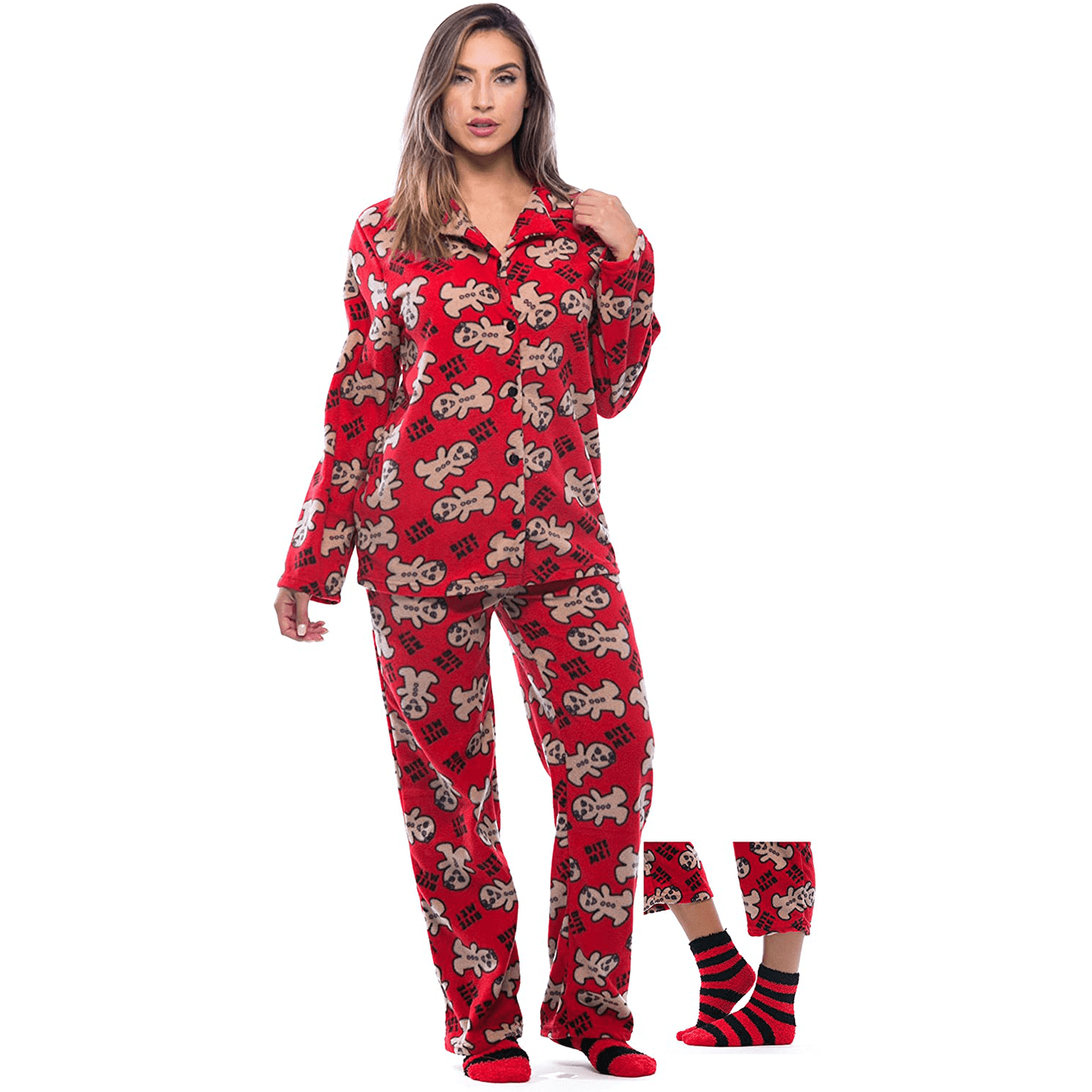 ZAXARRA Women Christmas 2 Piece Pajama Long Sleeves Button Shirt and Elastic Pants for Loungewear Soft Sleepwear for Nightwear