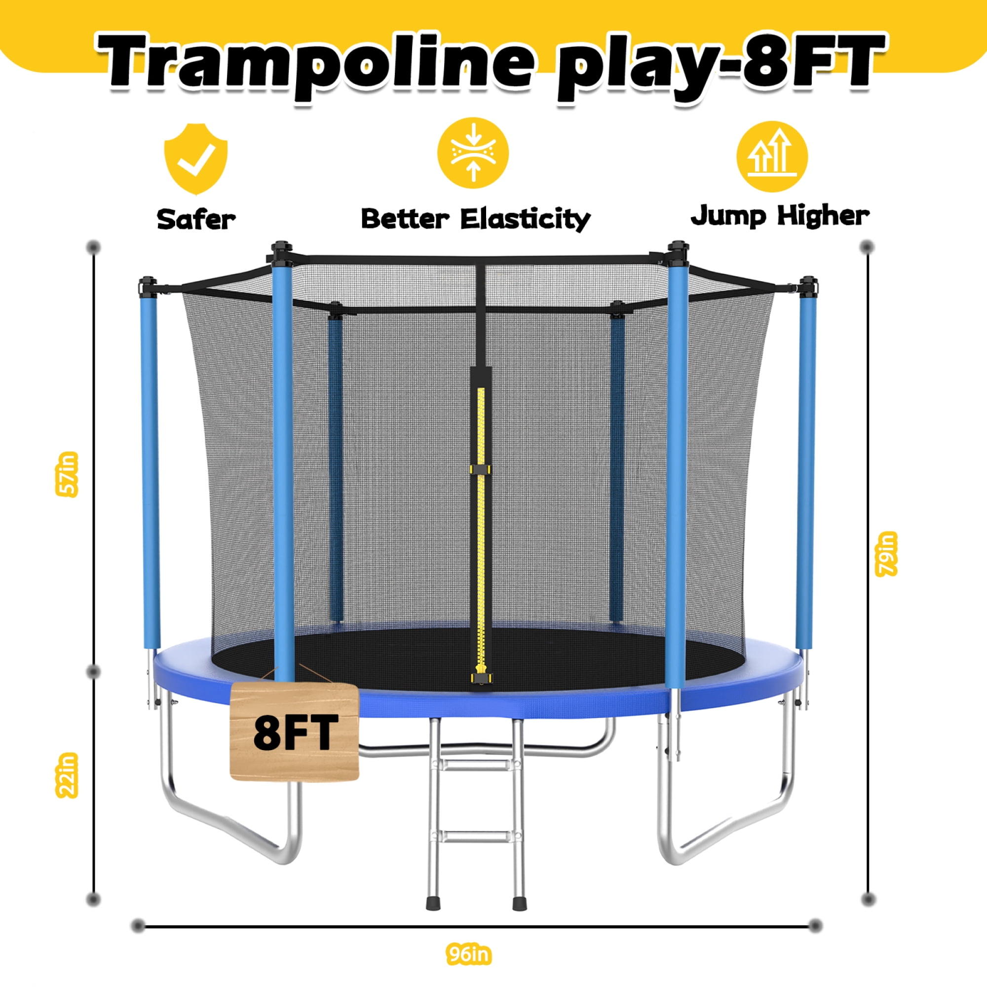 Leumius 8ft Trampoline for Kids,Outdoor Trampoline with Safety Enclosure Net and Ladder,Recreational Trampoline for Family Fun,Blue