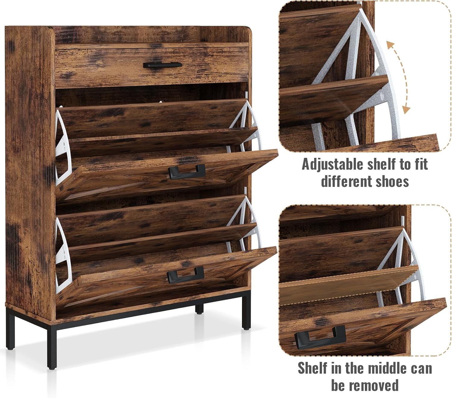 Baxluxe Shoe Cabinet with 2 Flip-Down Drawers & 4 Tiers 16 Pairs Wooden Shoe Rack for Entryway Freestanding Shoe Rack for Closet,Hallway, Closet, Dorm, Retro