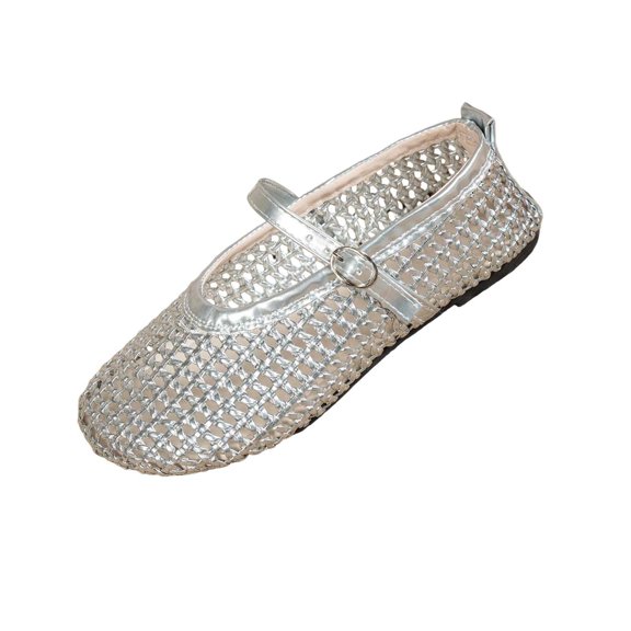 Gpaecead Women's Woven Mary Jane Flats Closed Toe Hollow Out Breathable Adjustable Buckle Cushioned Sole Shoes For All Day Comfort, Silver