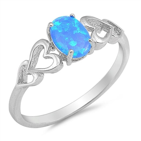 Oval Blue Simulated Opal Sided By Hearts Ring Sterling Silver Size 4