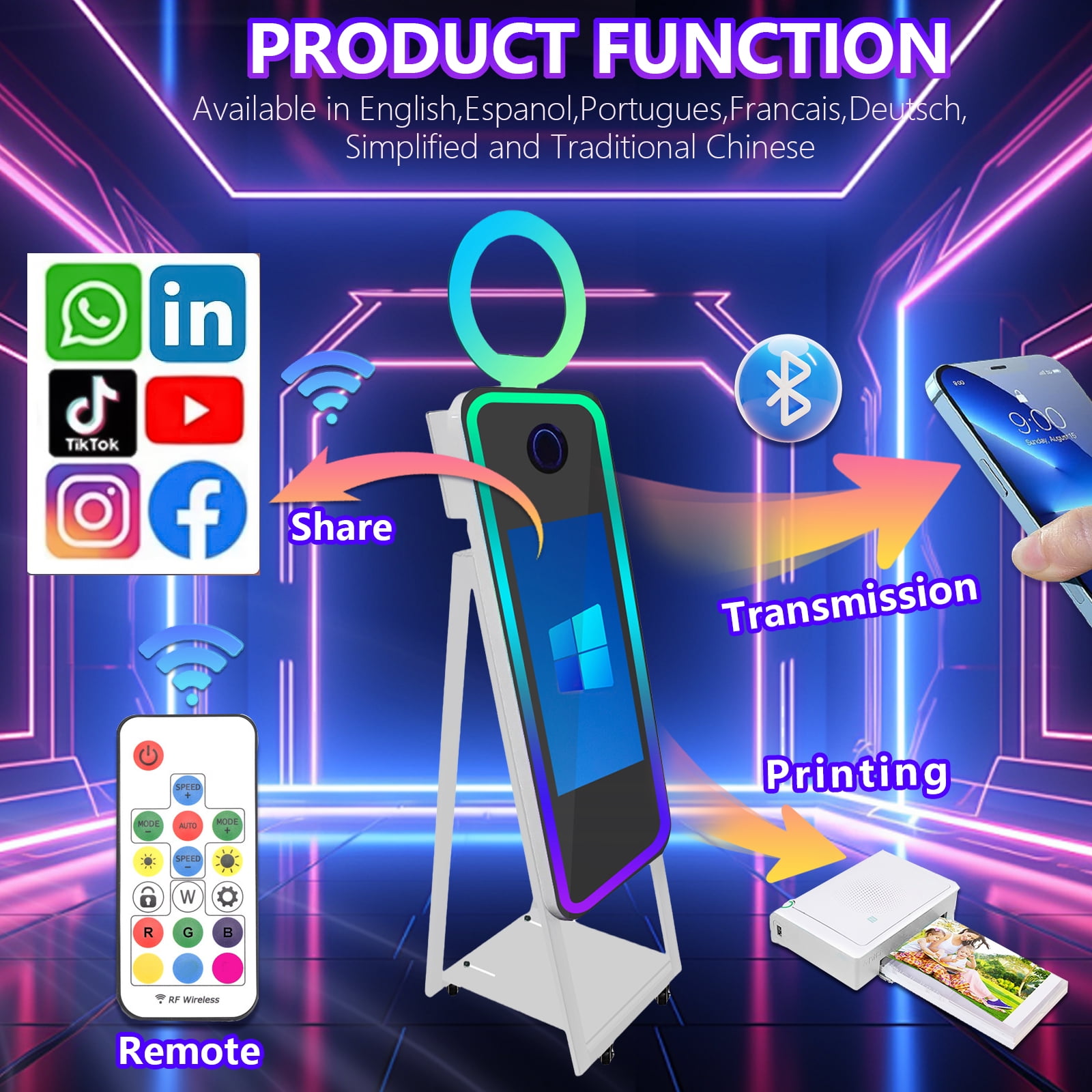 PAAFNN 40"Magic Mirror Photobooth Machine with 21.5"Touch Screen Selfie Ring Light for Events