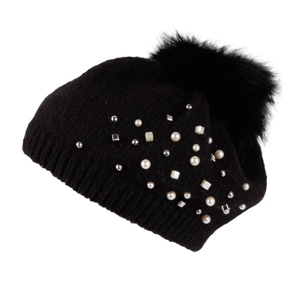 WITHMOONS Knit Pom Pom Beanie Faux Fur Slouchy Winter Women Hat SLP1234 (Black)