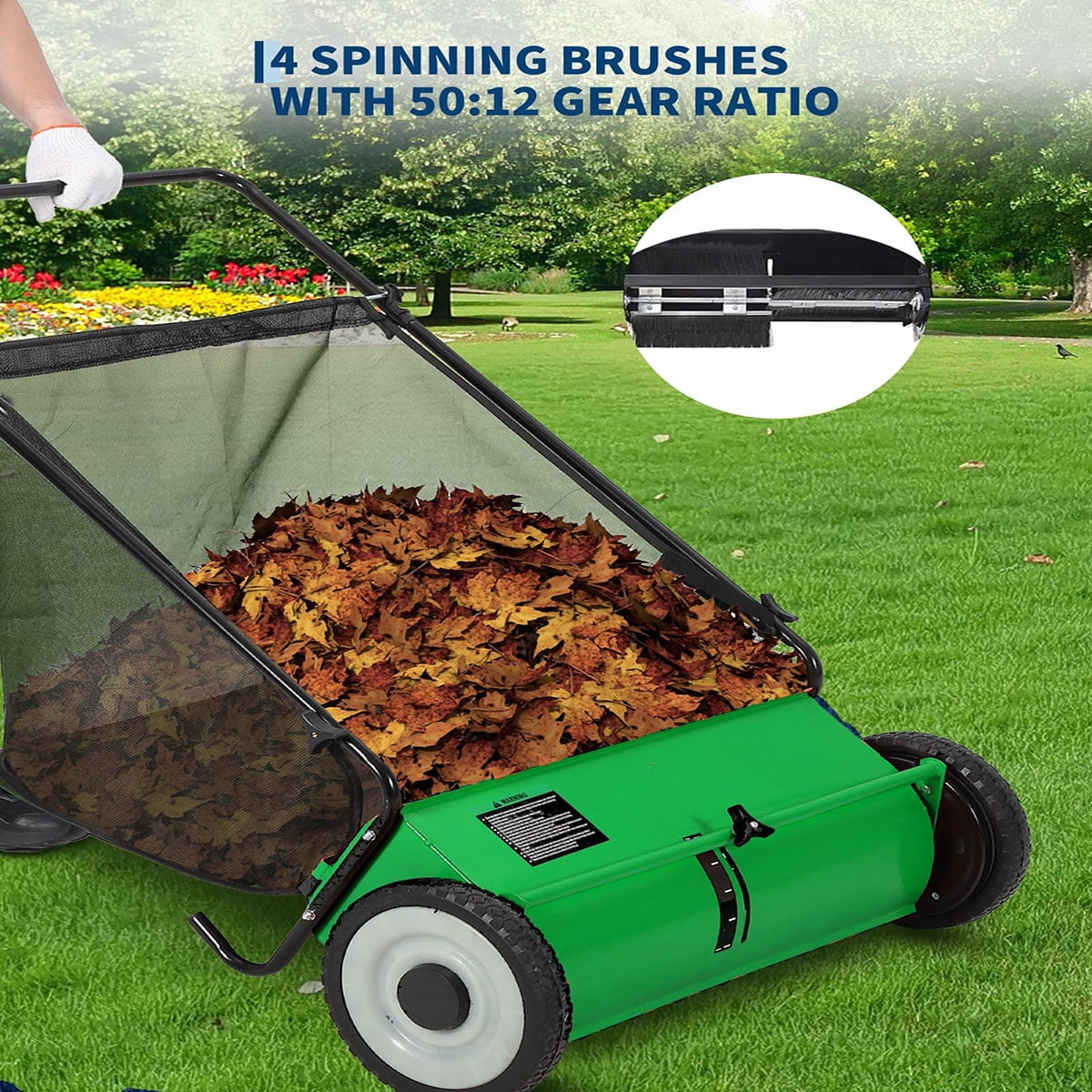 Ataucjin Push Lawn Sweeper,26 inch Width Enhanced 4-Brush System, 7 ft Capacity Heavy Duty Steel Frame, Ideal for Yard and Garden Cleanup