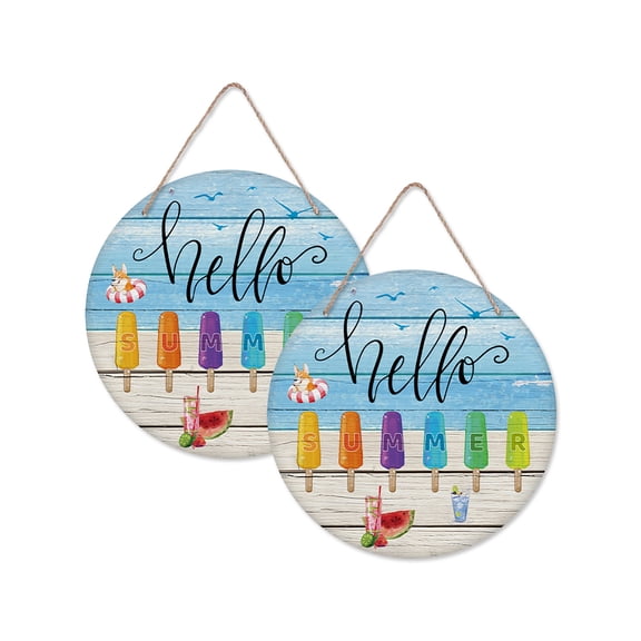 Hello Summer Wooden Flat Round Hanging Door Sign Colorful Ice Lollies Pattern Wood Sign Wall Hanging Decor for DIY